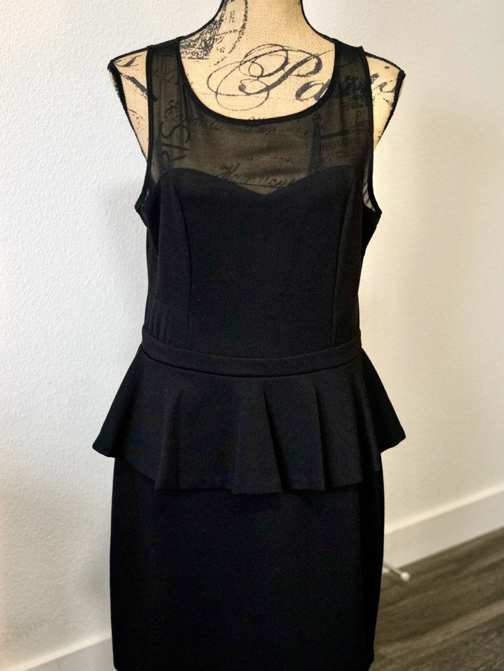 Kensie Black Sleeveless Peplum Dress with Sheer Mesh Yoke